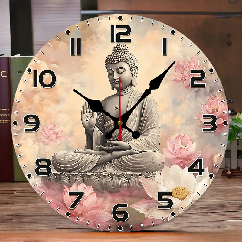 Resin Art Wall Clock - Serene Buddha Wooden Round Silent Hanging