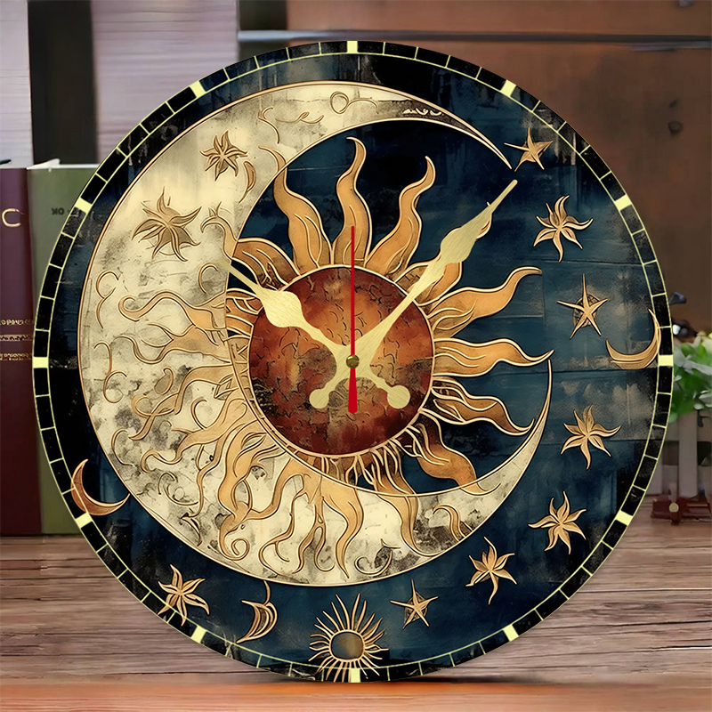 Resin Art Wall Clock - Sun & Moon Celestial Wooden Round