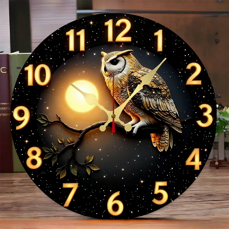 Resin Art Wall Clock - Owl Moonlit Night Wooden Round Silent