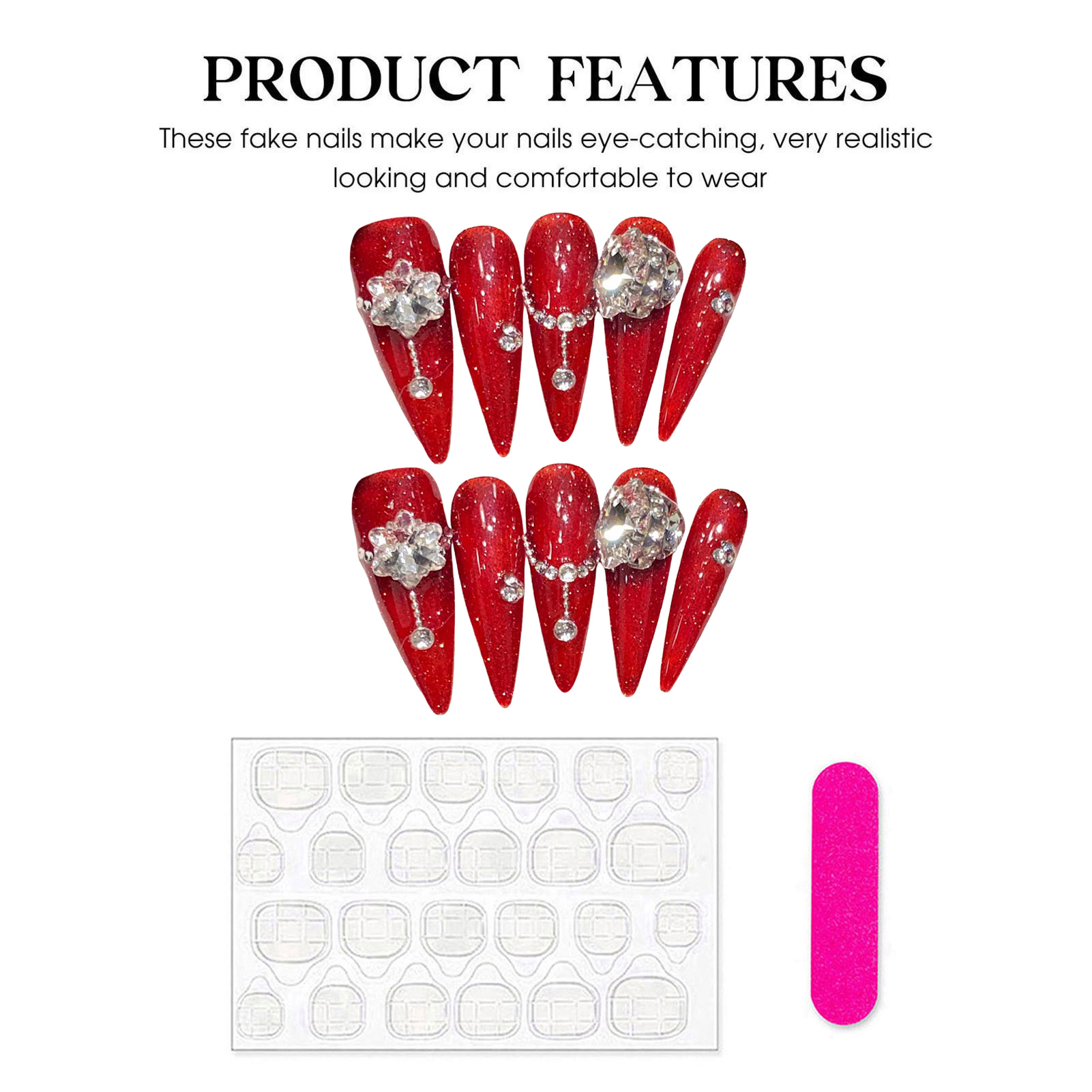 10pcs Handmade Red False Nails - Resin Art Flowers のレビューと価格