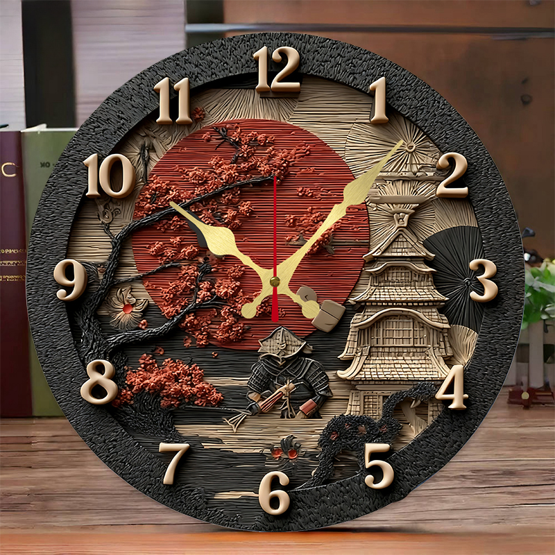 Samurai Themed Wooden Round Si - Resin Art Wall Clock のレビューと価格